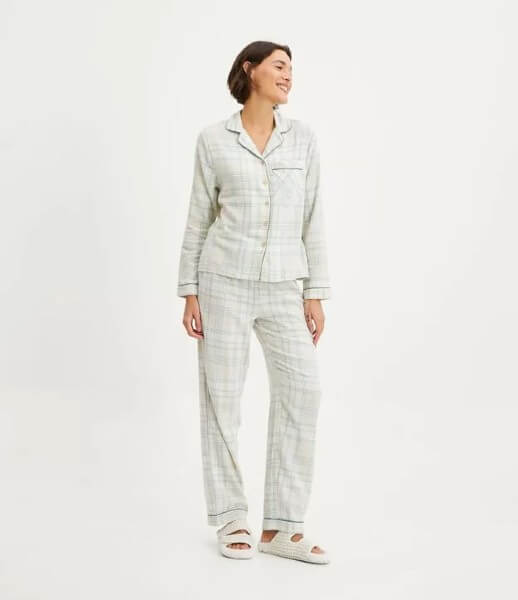 Pijama Americano Longo Em Flanela Off White/Verde